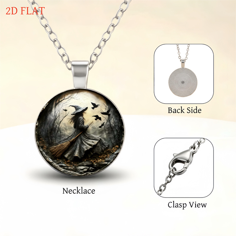 5pc Halloween Witch & Crows Jewelry Set, Necklace Earrings Brooch Bracelet